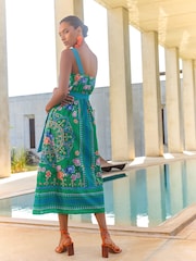 V&A I Love & Roses Green Printed Woodblock Belted 100% Cotton Midi Dress - Image 2 of 4
