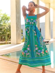V&A I Love & Roses Green Printed Woodblock Belted 100% Cotton Midi Dress - Image 3 of 4