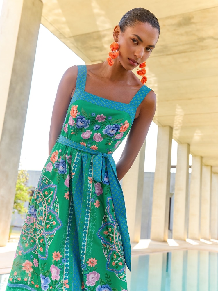 V&A I Love & Roses Green Printed Woodblock Belted 100% Cotton Midi Dress - Image 4 of 4
