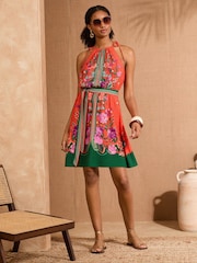 V&A I Love & Roses Orange Floral Woodblock Halterneck Belted Mini Dress - Image 1 of 5