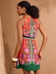 V&A I Love & Roses Orange Floral Woodblock Halterneck Belted Mini Dress - Image 2 of 5