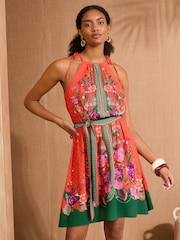 V&A I Love & Roses Orange Floral Woodblock Halterneck Belted Mini Dress - Image 3 of 5