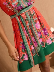 V&A I Love & Roses Orange Floral Woodblock Halterneck Belted Mini Dress - Image 5 of 5
