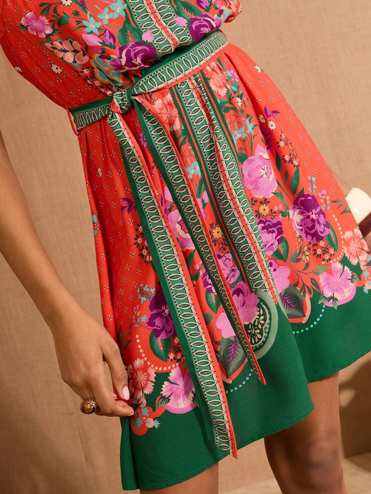 V&A I Love & Roses Orange Floral Woodblock Halterneck Belted Mini Dress - Image 5 of 5