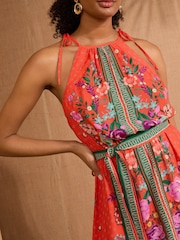 V&A I Love & Roses Orange Floral Petite Woodblock Halterneck Belted Mini Dress - Image 4 of 5