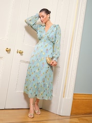 Love & Roses Green Spot Metallic Crew Neck Short Sleeve Midi Dress - Image 3 of 4