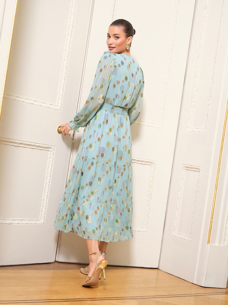 Love & Roses Green Spot Metallic Crew Neck Short Sleeve Midi Dress - Image 4 of 4