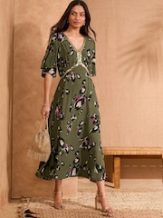 Love & Roses Khaki Green Animal Sequin Angel Sleeve Midi Dress - Image 1 of 4