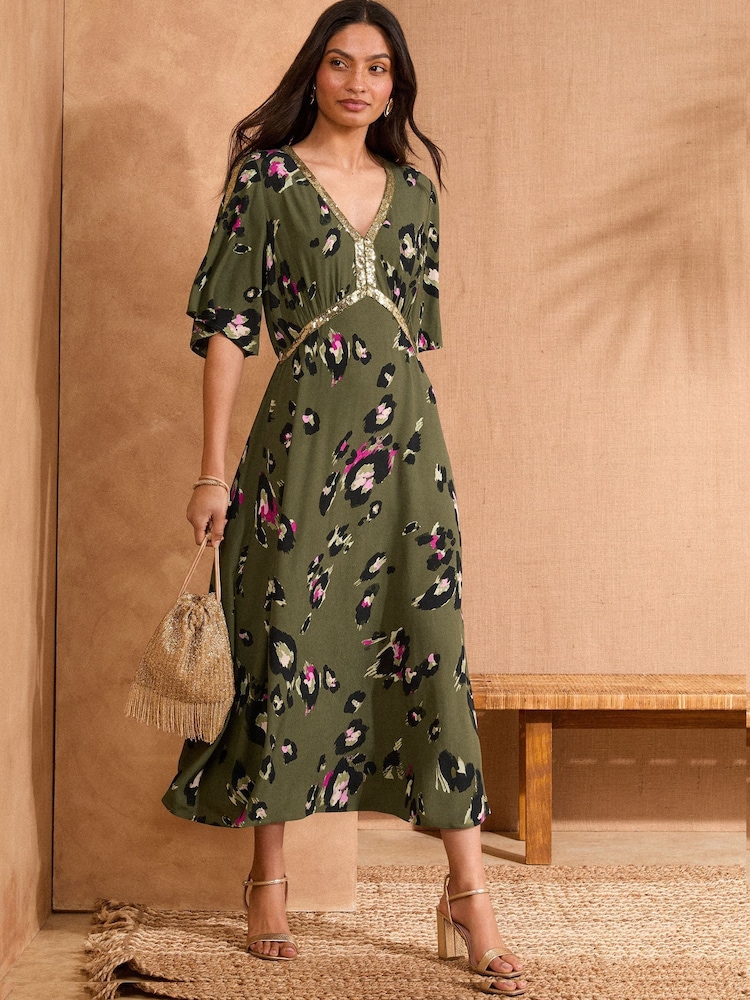 Love & Roses Khaki Green Animal Sequin Angel Sleeve Midi Dress - Image 1 of 4