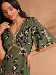 Love & Roses Khaki Green Animal Sequin Angel Sleeve Midi Dress - Image 2 of 4