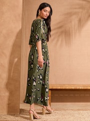 Love & Roses Khaki Green Animal Sequin Angel Sleeve Midi Dress - Image 3 of 4
