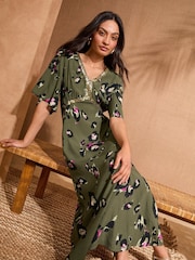 Love & Roses Khaki Green Animal Sequin Angel Sleeve Midi Dress - Image 4 of 4
