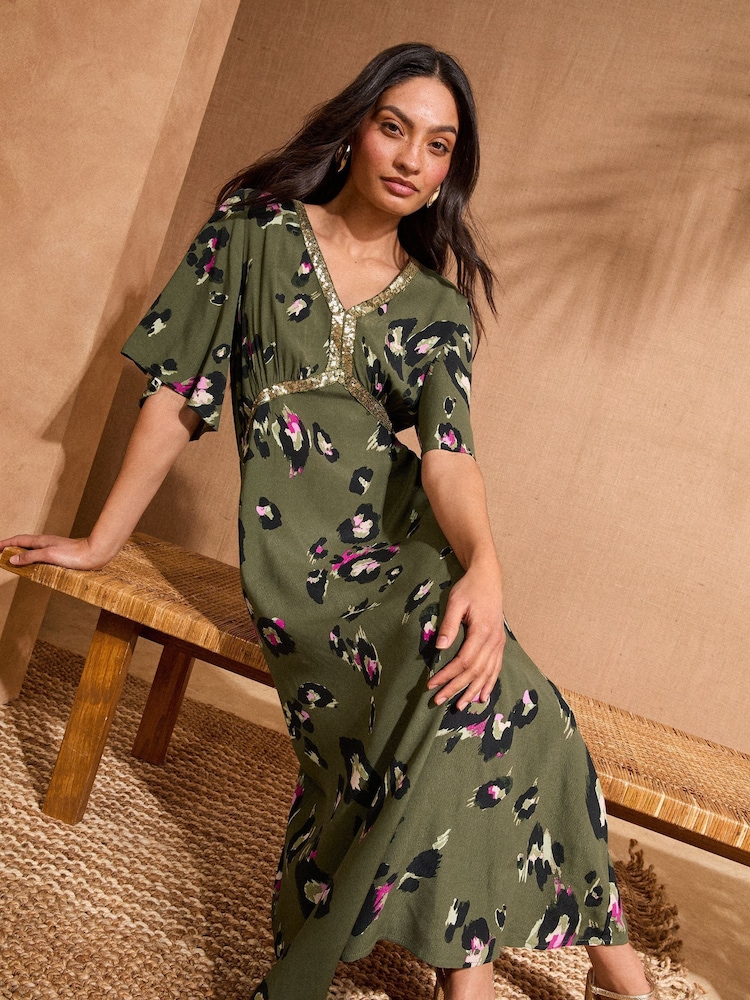 Love & Roses Khaki Green Animal Sequin Angel Sleeve Midi Dress - Image 4 of 4