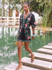 V&A I Love & Roses Black Floral Printed Kimono Sleeve Belted Playsuit - Image 1 of 4