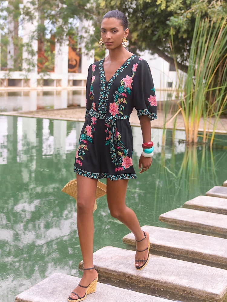 V&A I Love & Roses Black Floral Printed Kimono Sleeve Belted Playsuit - Image 1 of 4