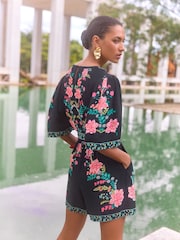 V&A I Love & Roses Black Floral Printed Kimono Sleeve Belted Playsuit - Image 2 of 4