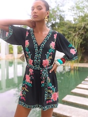V&A I Love & Roses Black Floral Printed Kimono Sleeve Belted Playsuit - Image 3 of 4