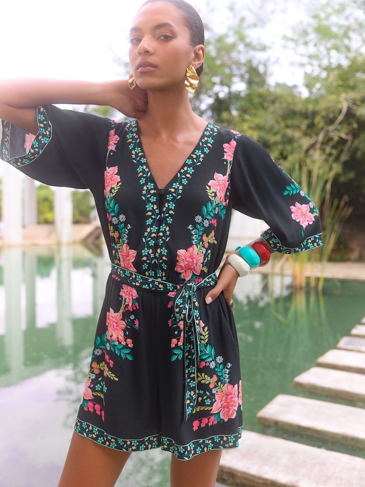 V&A I Love & Roses Printed Kimono Sleeve Belted Playsuit - Image 3 of 4
