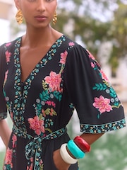V&A I Love & Roses Black Floral Printed Kimono Sleeve Belted Playsuit - Image 4 of 4