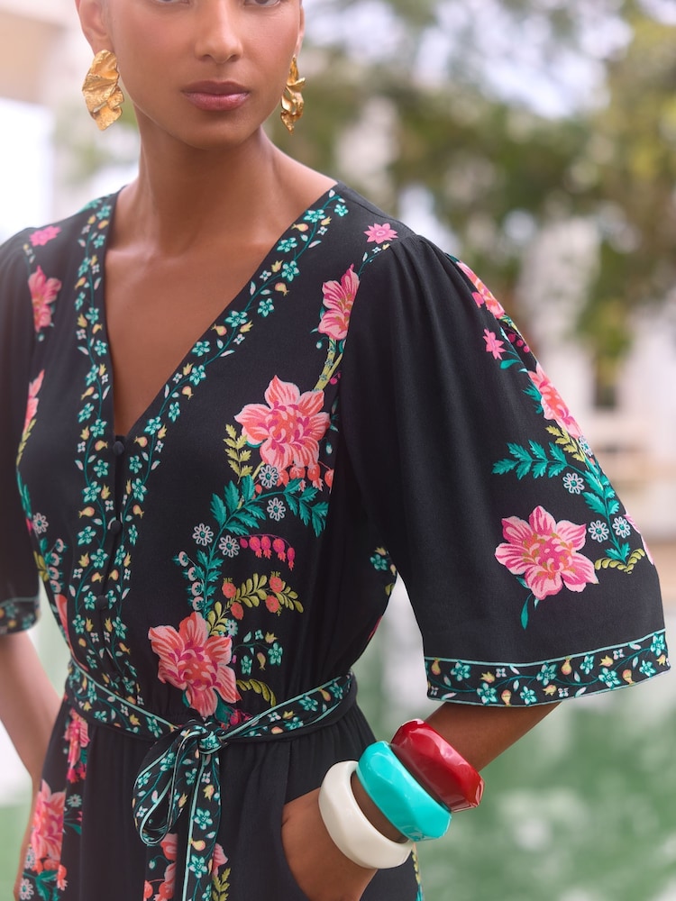V&A I Love & Roses Black Floral Printed Kimono Sleeve Belted Playsuit - Image 4 of 4