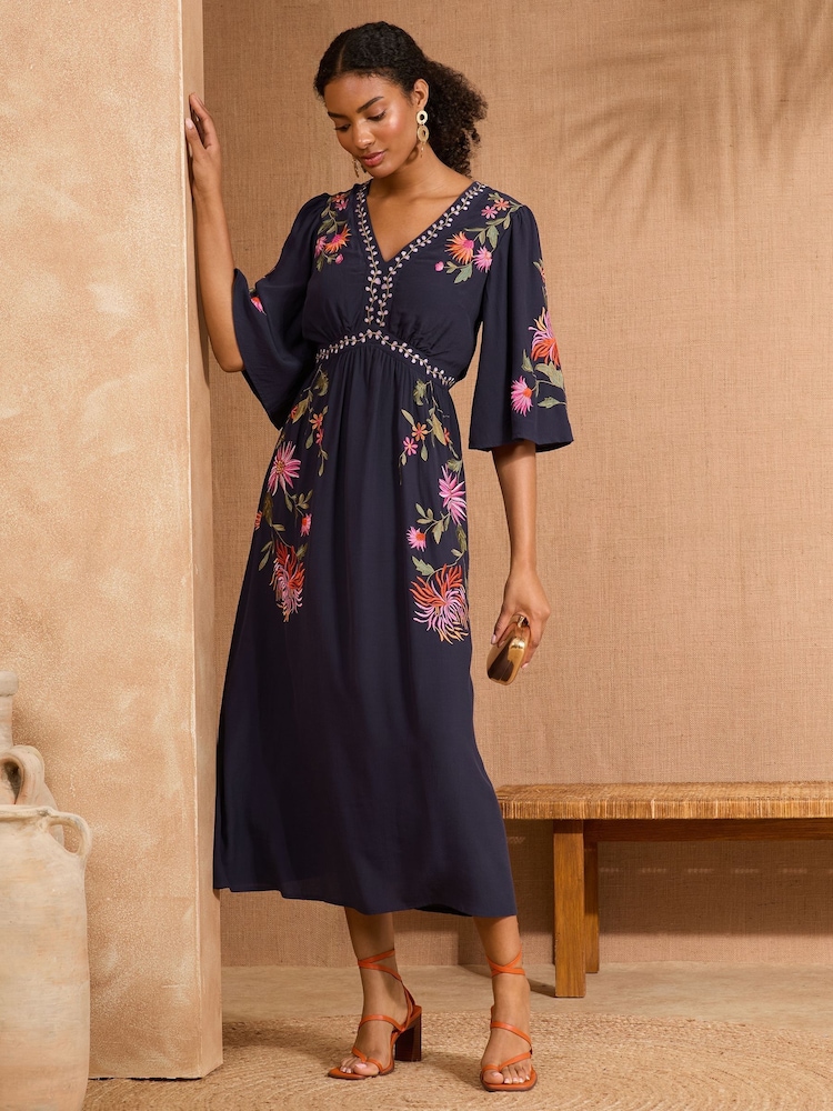 V&A I Love & Roses Navy Floral Embroidered V-Neck Angel Sleeve Midi Dress - Image 1 of 4