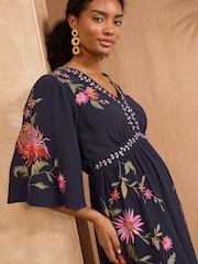 V&A I Love & Roses Navy Floral Embroidered V-Neck Angel Sleeve Midi Dress - Image 2 of 4