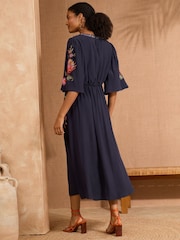 V&A I Love & Roses Navy Floral Embroidered V-Neck Angel Sleeve Midi Dress - Image 3 of 4
