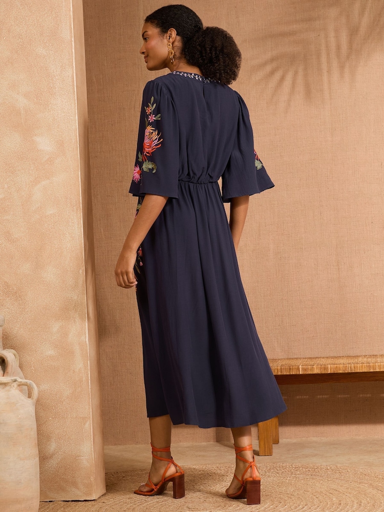 V&A I Love & Roses Navy Floral Embroidered V-Neck Angel Sleeve Midi Dress - Image 3 of 4