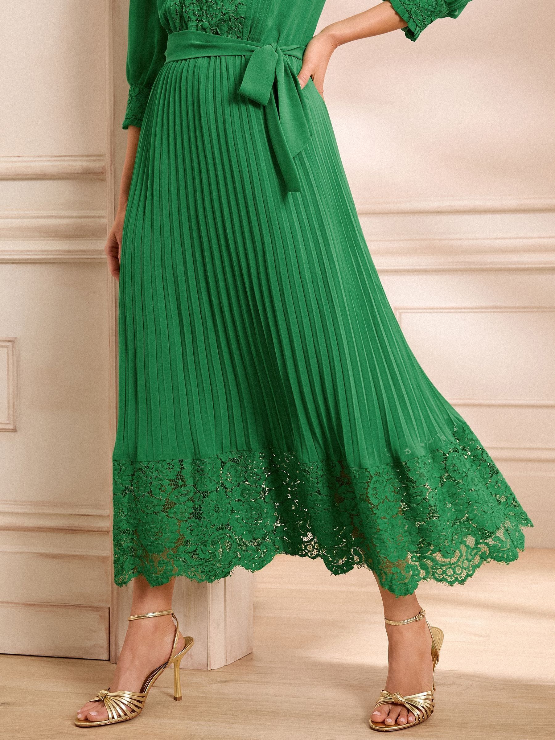 Buy Love & Roses Green Lace Detail Pleated 3/4 Sleeve Midi Dress