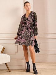 Love & Roses Khaki Animal Printed V-Neck Tie Belt Long Sleeve Mini Dress - Image 1 of 4