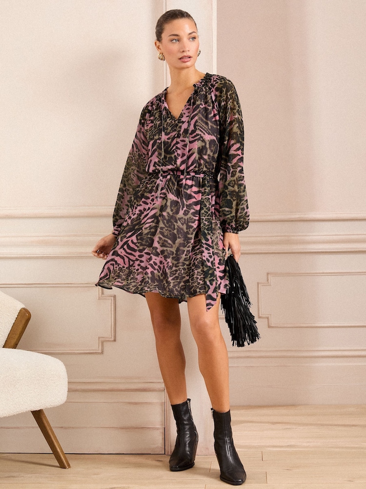 Love & Roses Khaki Animal Printed V-Neck Tie Belt Long Sleeve Mini Dress - Image 1 of 4