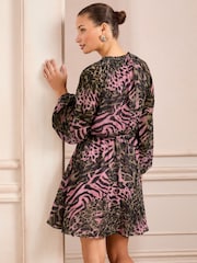 Love & Roses Khaki Animal Printed V-Neck Tie Belt Long Sleeve Mini Dress - Image 4 of 4