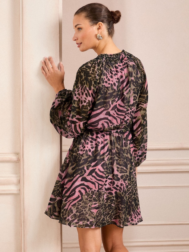 Love & Roses Khaki Animal Printed V-Neck Tie Belt Long Sleeve Mini Dress - Image 4 of 4