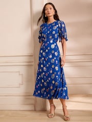 Love & Roses Cobalt Blue Spot Petite Metallic Crew Neck Short Sleeve Midi Dress - Image 1 of 4
