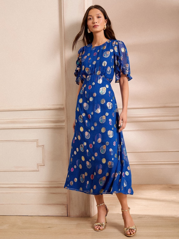 Love & Roses Cobalt Blue Spot Petite Metallic Crew Neck Short Sleeve Midi Dress - Image 1 of 4
