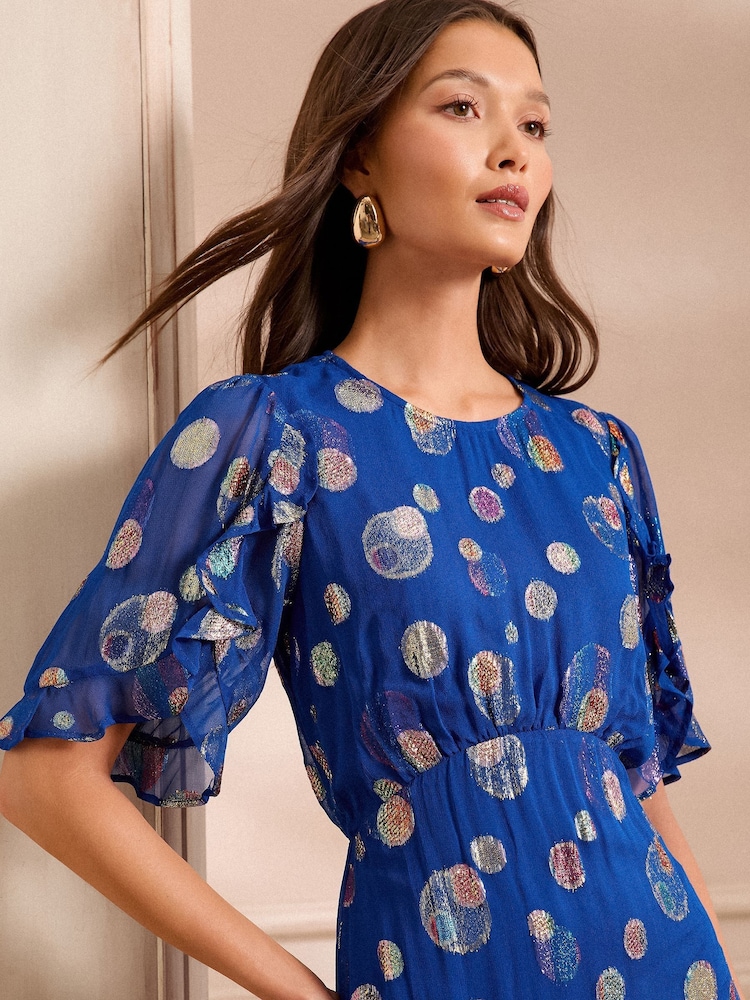 Love & Roses Cobalt Blue Spot Petite Metallic Crew Neck Short Sleeve Midi Dress - Image 2 of 4