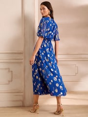 Love & Roses Cobalt Blue Spot Petite Metallic Crew Neck Short Sleeve Midi Dress - Image 3 of 4