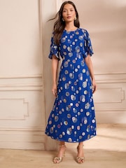 Love & Roses Cobalt Blue Spot Petite Metallic Crew Neck Short Sleeve Midi Dress - Image 4 of 4