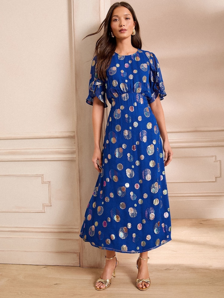 Love & Roses Cobalt Blue Spot Petite Metallic Crew Neck Short Sleeve Midi Dress - Image 4 of 4
