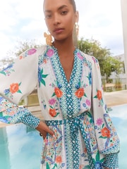 V&A I Love & Roses Ivory Woodblock Printed V-Neck Belted Long Sleeve Mini Dress - Image 2 of 4