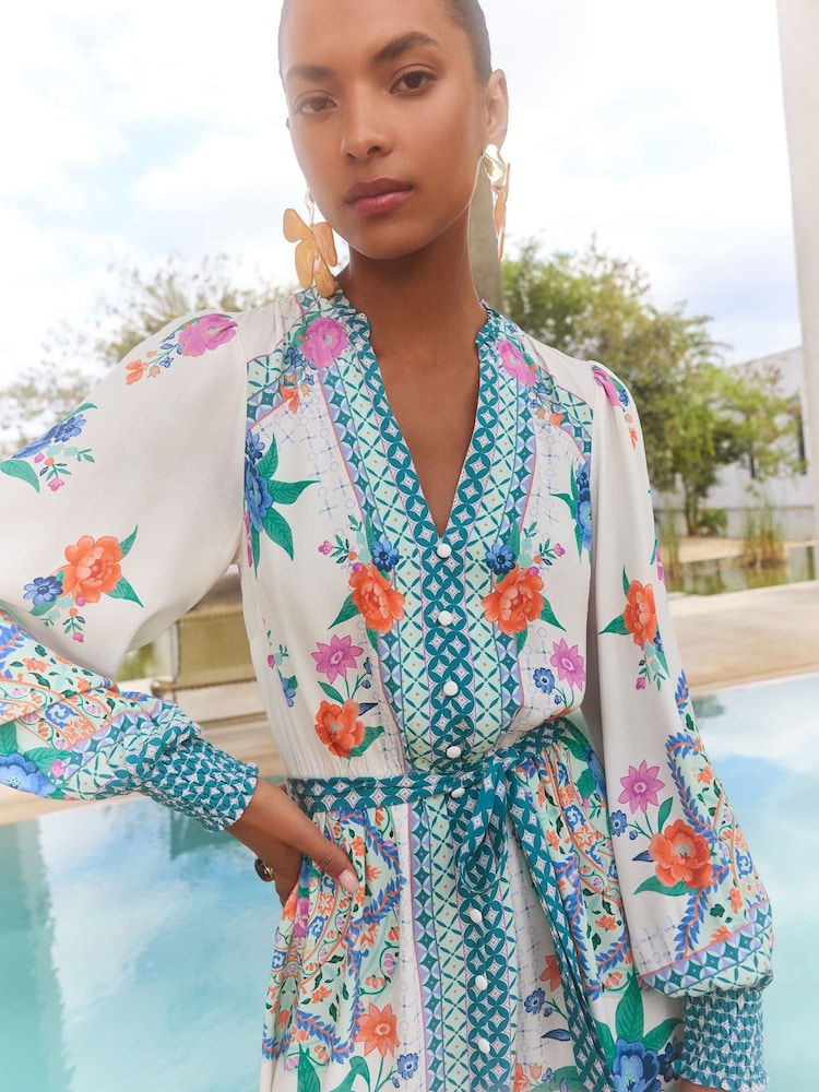 V&A I Love & Roses Ivory Woodblock Printed V-Neck Belted Long Sleeve Mini Dress - Image 2 of 4