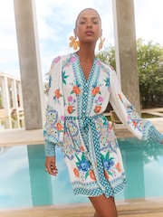 V&A I Love & Roses Ivory Woodblock Printed V-Neck Belted Long Sleeve Mini Dress - Image 3 of 4