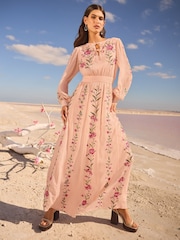 V&A I Love & Roses Pink Floral Petite Embroidered Tie Detail Long Sleeve Maxi Dress - Image 1 of 4