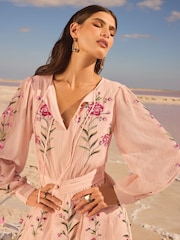 V&A I Love & Roses Pink Floral Petite Embroidered Tie Detail Long Sleeve Maxi Dress - Image 2 of 4