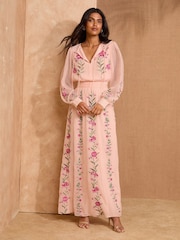 V&A I Love & Roses Pink Floral Embroidered Tie Detail Long Sleeve Maxi Dress - Image 1 of 4