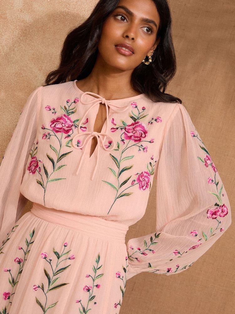 V&A I Love & Roses Pink Floral Embroidered Tie Detail Long Sleeve Maxi Dress - Image 2 of 4