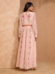 V&A I Love & Roses Pink Floral Embroidered Tie Detail Long Sleeve Maxi Dress - Image 3 of 4
