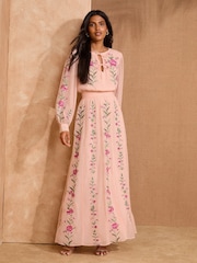 V&A I Love & Roses Pink Floral Embroidered Tie Detail Long Sleeve Maxi Dress - Image 4 of 4