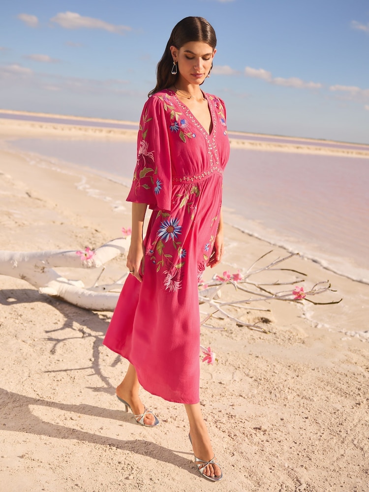 V&A I Love & Roses Pink Floral Embroidered V-Neck Angel Sleeve Midi Dress - Image 3 of 4