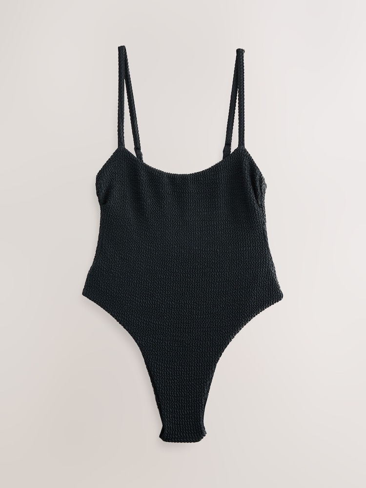 Crinkle noir - self. High Leg Tummy Control Scoop Swimsuit - Image 1 de 3
